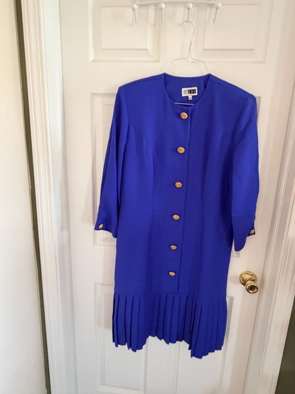 Vintage First Focus Pleated Royal Blue Dress With Gold Button Accents Size 13/14